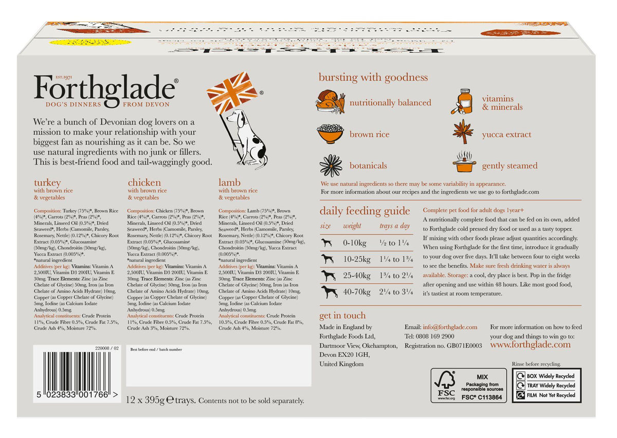Forthglade Complete Adult Multicase with Brown Rice Turkey/Lamb/Chicken Dog Food - 12 x 395G