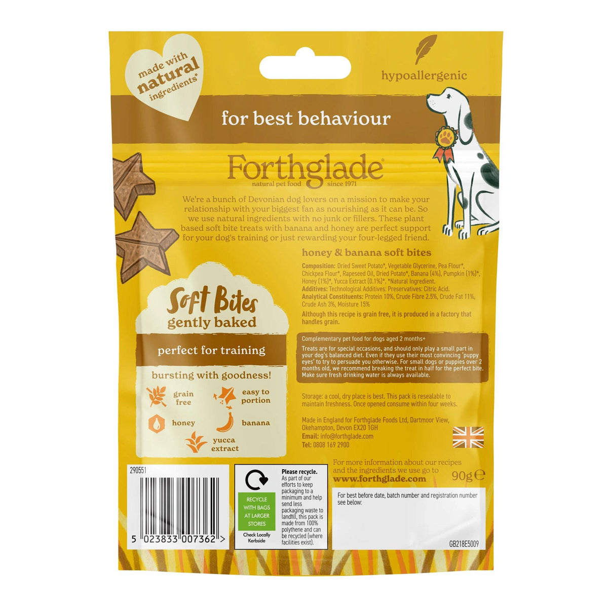 Forthglade Functional Natural Soft Bites Banana & Honey Dog Treats - 90g