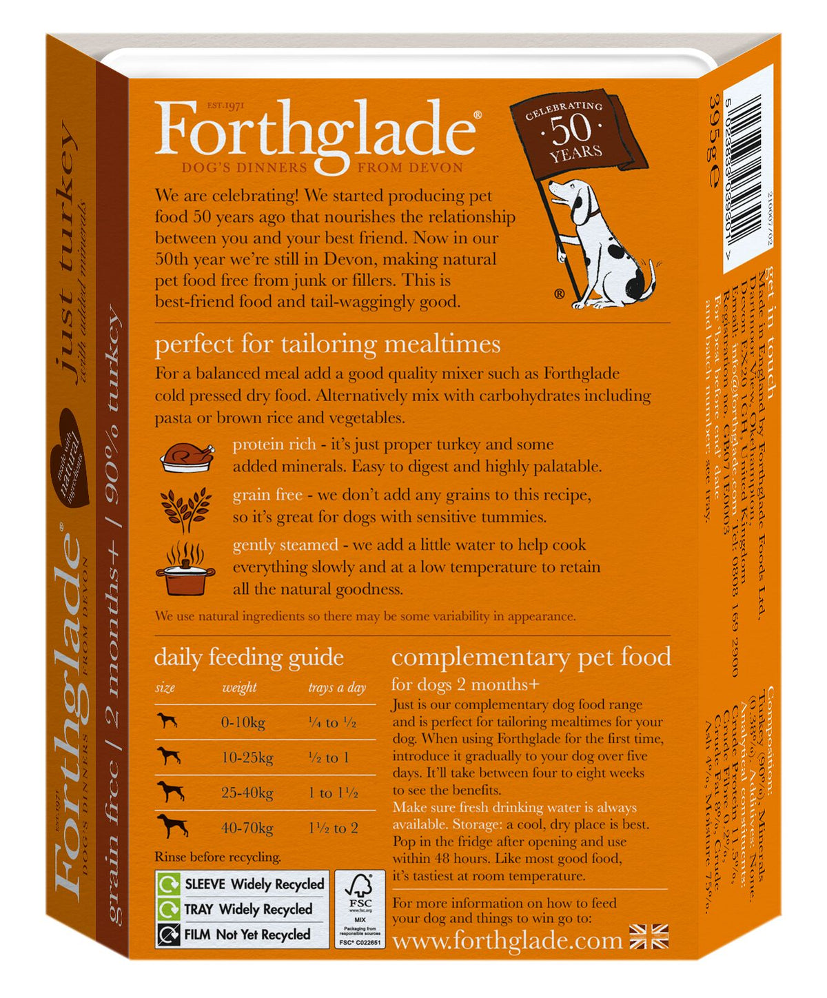 Forthglade Just Turkey Grain Free Wet Dog Food Trays - 18 x 395g