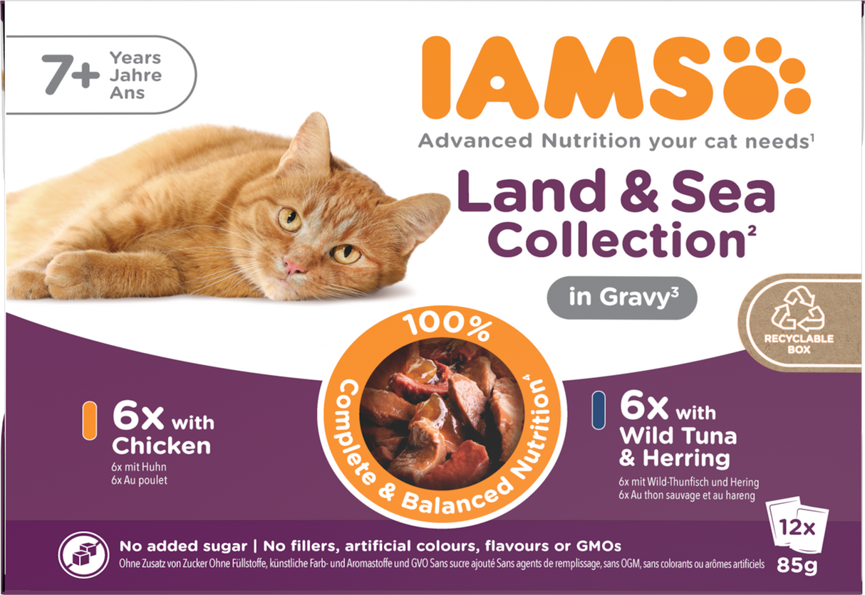 Iams Delights Senior 7+ Chicken & Fish in Gravy Variety Pack Wet Cat Food Pouches - 12 x 85g