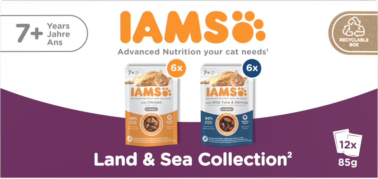 Iams Delights Senior 7+ Chicken & Fish in Gravy Variety Pack Wet Cat Food Pouches - 12 x 85g