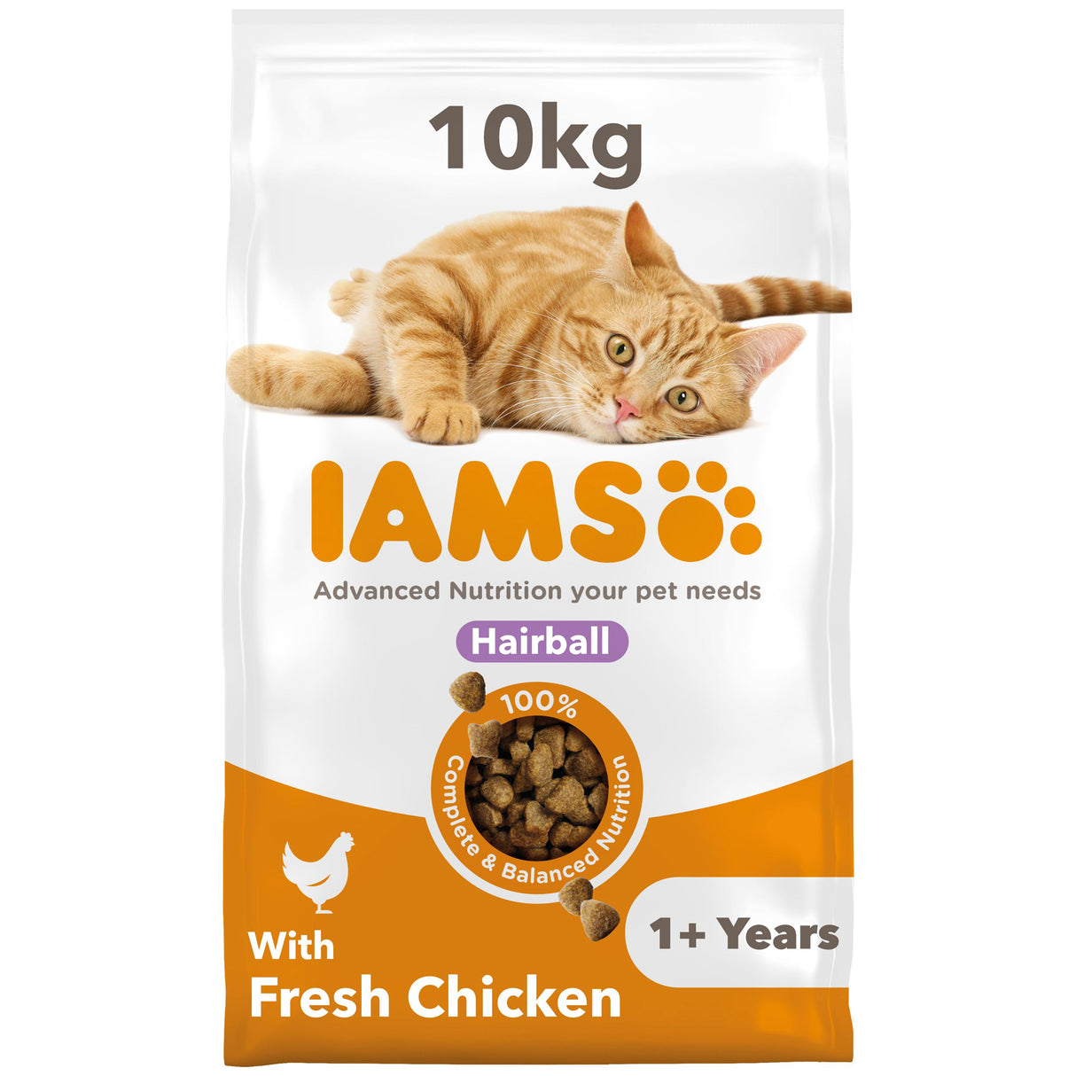 Iams For Vitality Hairball Chicken Dry Cat Food - 10kg