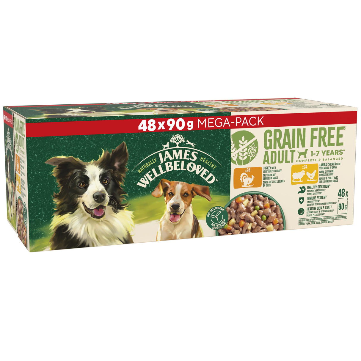 James Wellbeloved Grain Free Adult Turkey Lamb & Chicken Dog Food in Gravy - 48x90g