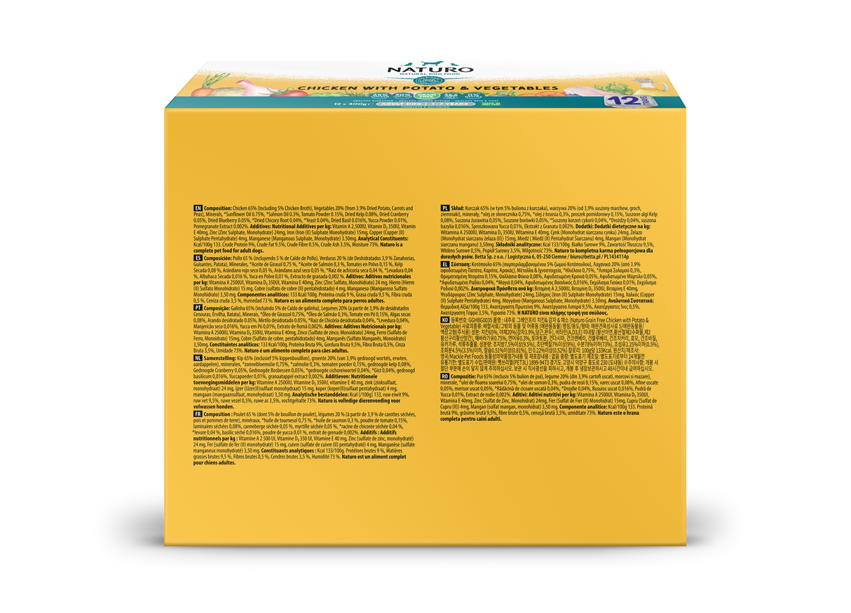 Naturo Adult Grain Free Chicken Wet Dog Food Tray - 12 x 400g