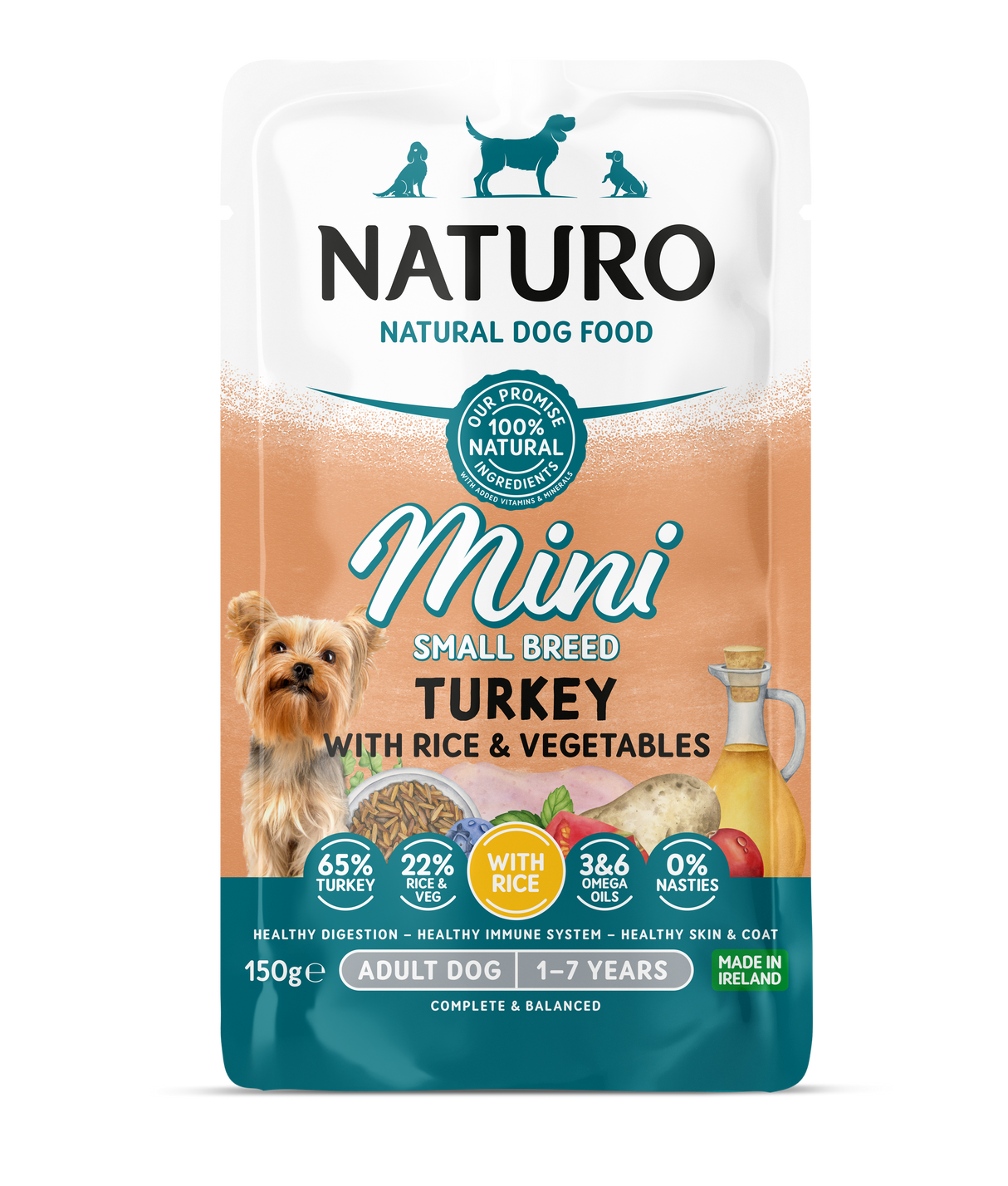 Naturo Adult Mini Turkey, Rice & Veg Wet Dog Pouches - 8x150g