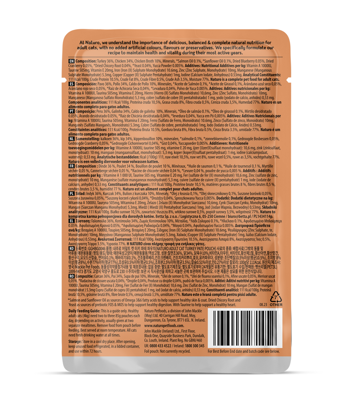 Naturo Turkey Pate Pouch Wet Cat Food - 12 x 85g