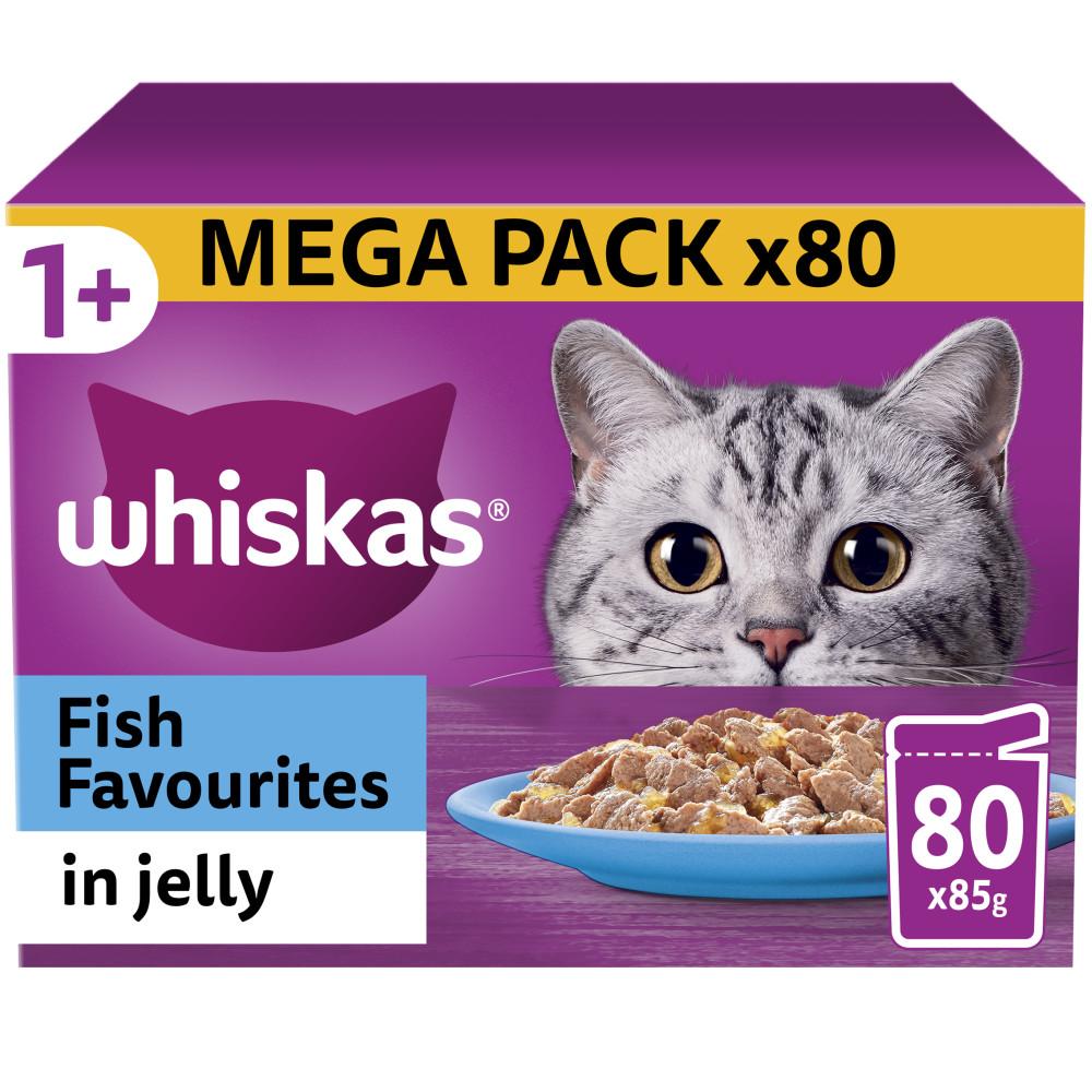 WHISKAS 1+ Fish Favourites Adult Wet Cat Food in Jelly Pouches - 80 x 85g