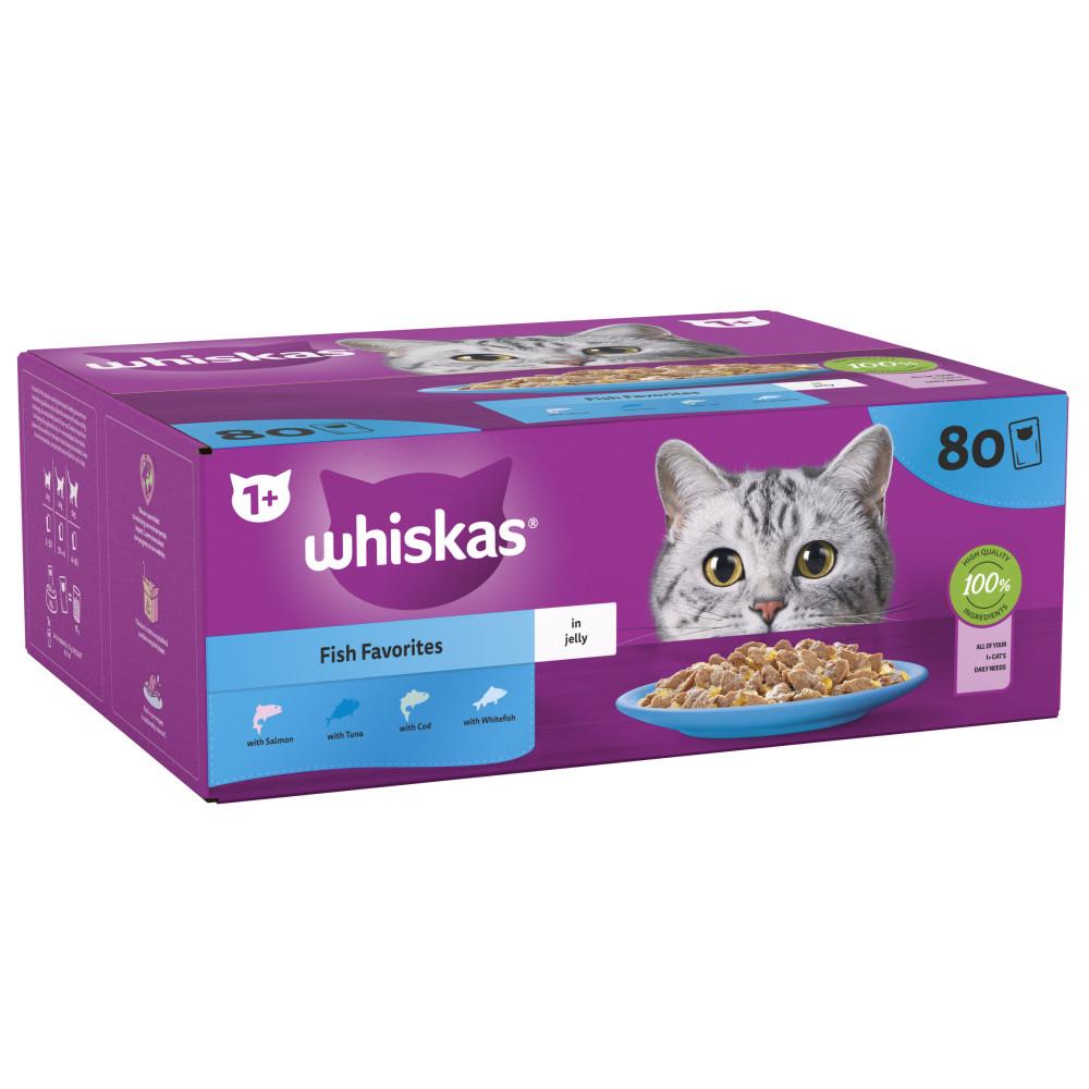 WHISKAS 1+ Fish Favourites Adult Wet Cat Food in Jelly Pouches - 80 x 85g