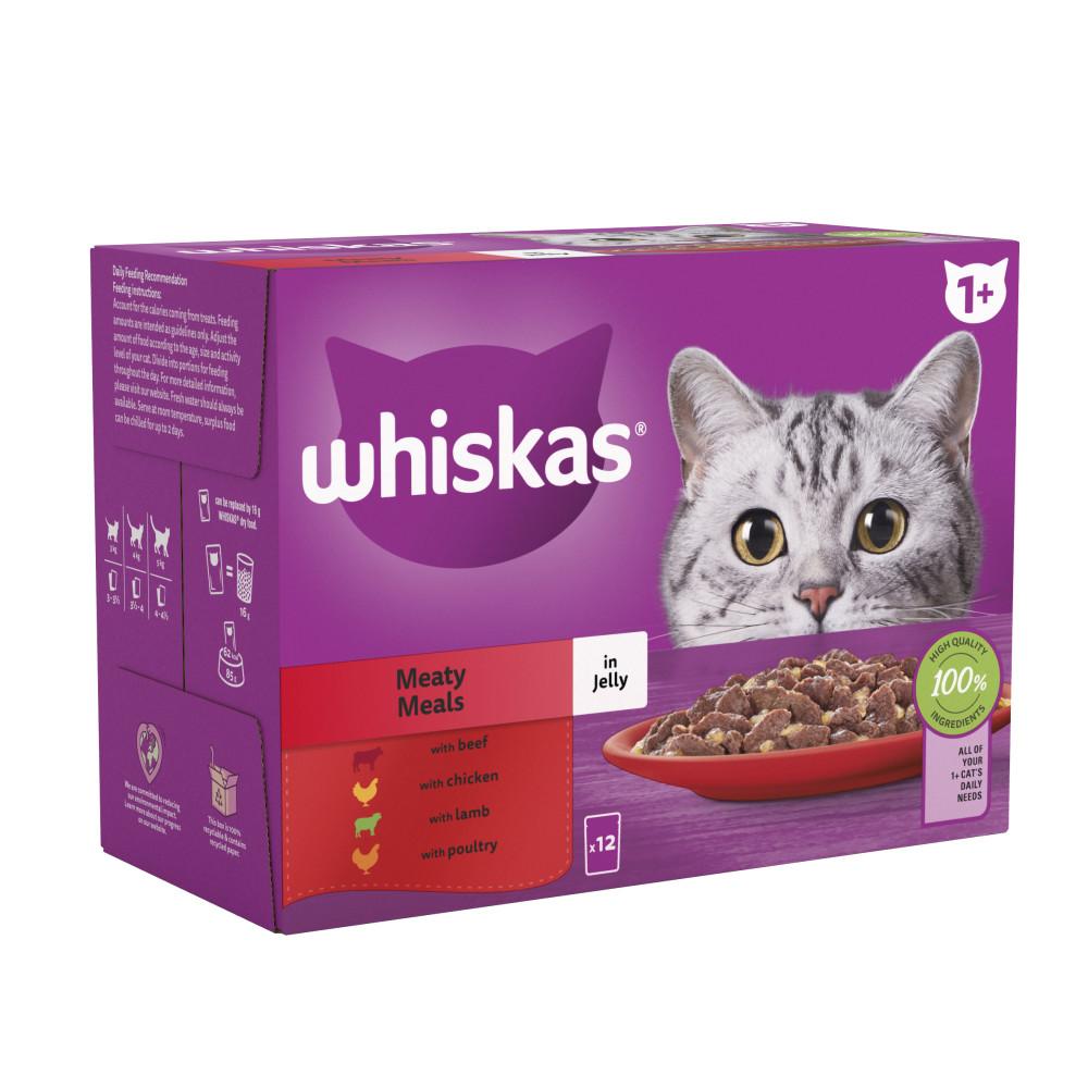 WHISKAS 1+ Meaty Meals Adult Wet Cat Food in Jelly Pouches - 12 x 85g