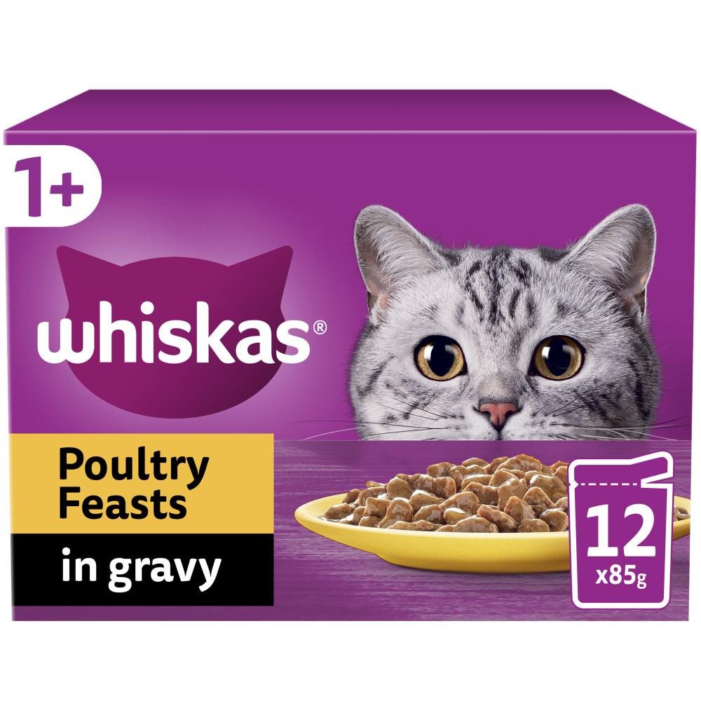 WHISKAS 1+ Poultry Feasts Senior Wet Cat Food in Gravy Pouches - 12 x 85g