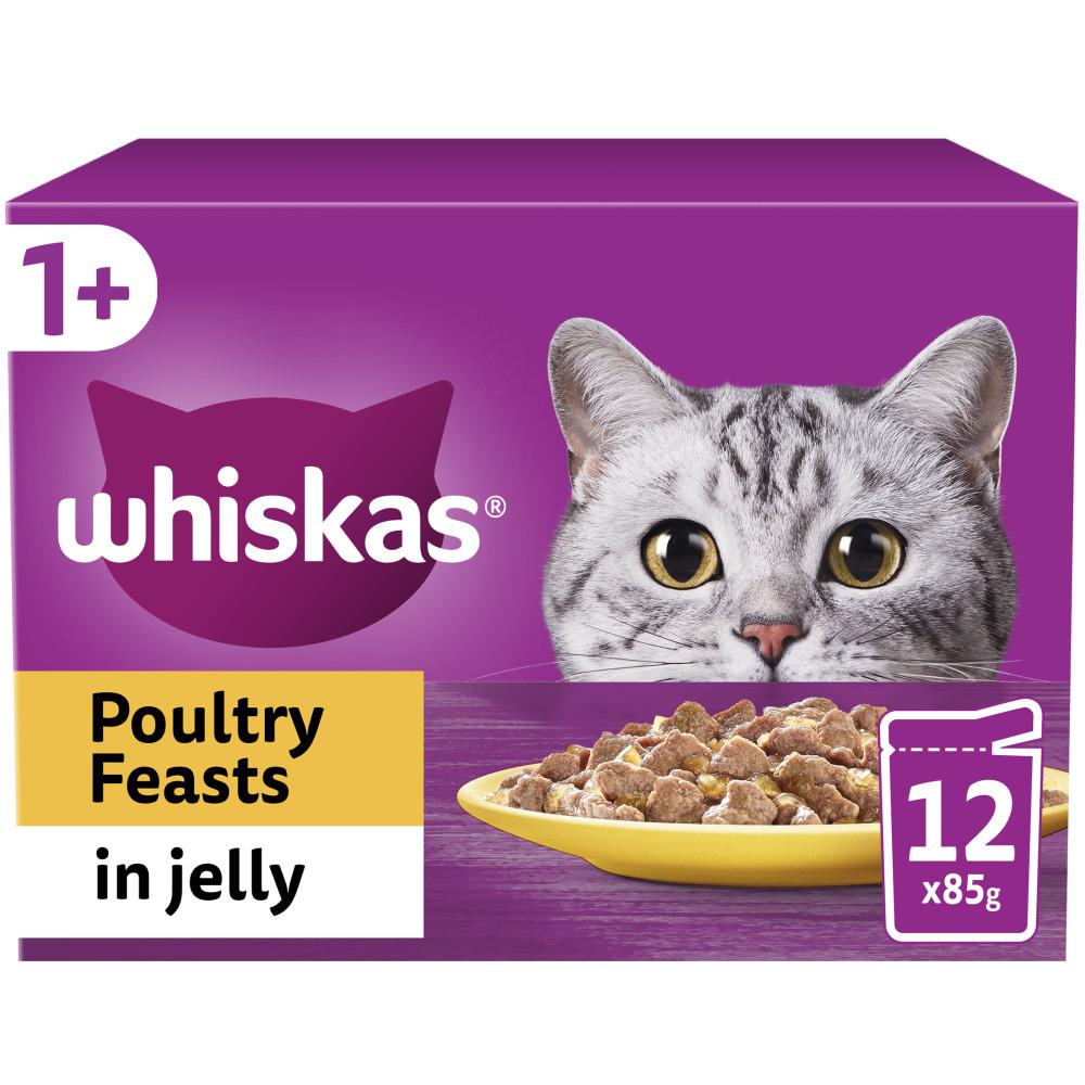 WHISKAS 1+ Poultry Feasts Adult Wet Cat Food Pouches in Jelly - 12 x 85g