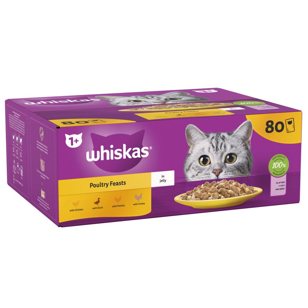 WHISKAS 1+ Poultry Feasts Adult Wet Cat Food Pouches in Jelly - 80 x 85g