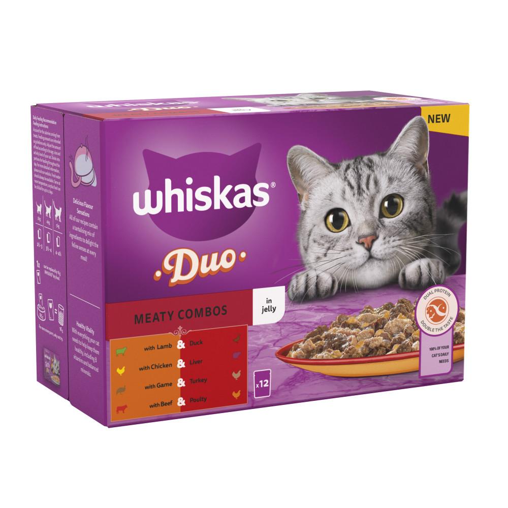 WHISKAS 1+ Duo Meaty Combos Adult Wet Cat Food in Jelly Pouches 12 x 85g