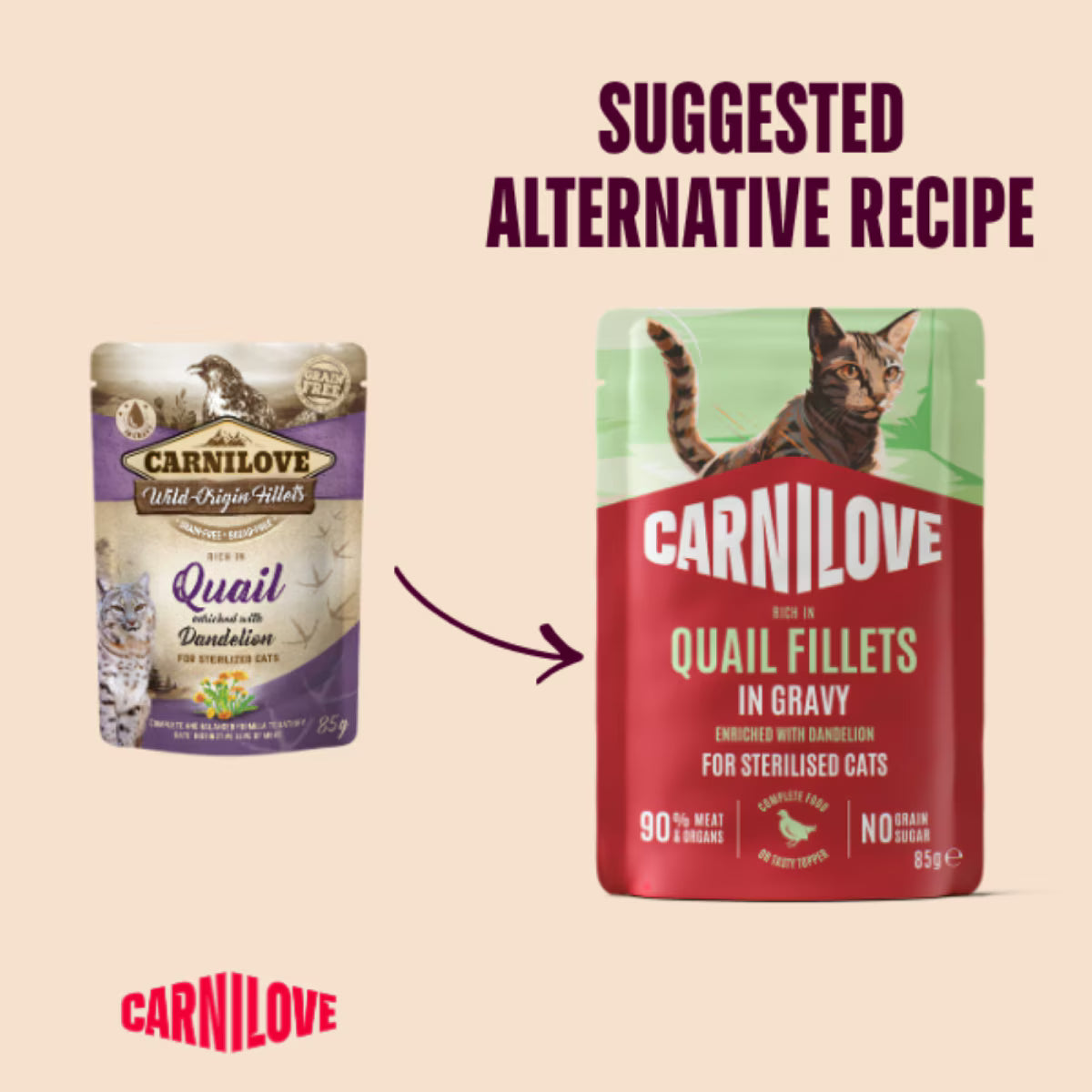 Carnilove Quail with Dandelion In Gravy Adult Wet Cat Food Pouches – 24 x 85g