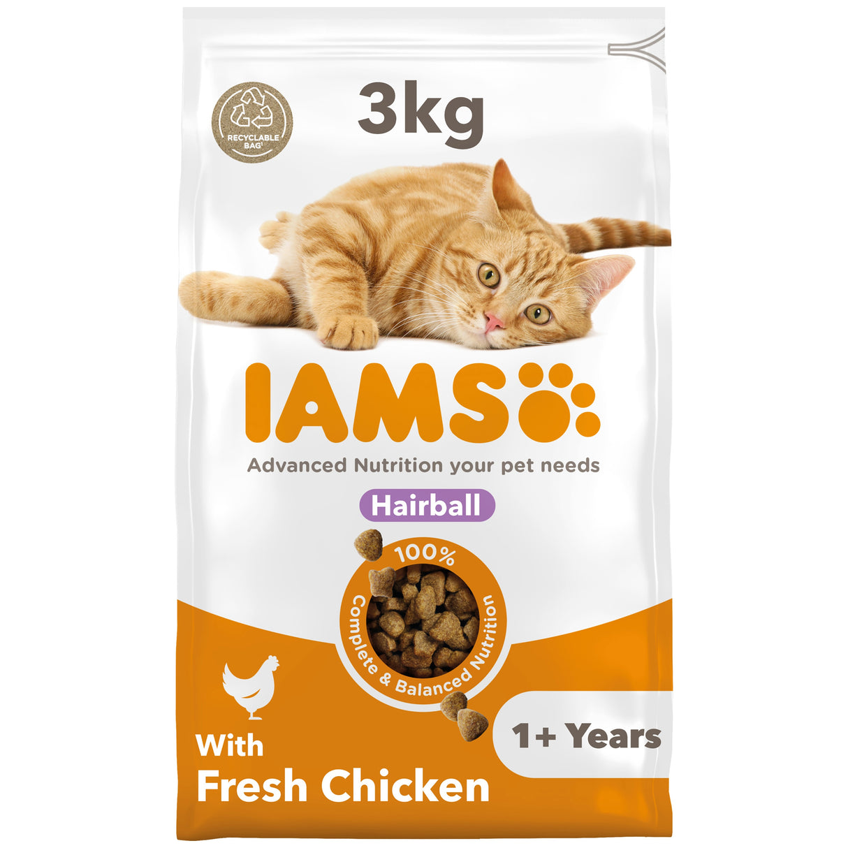 Iams Hairball Chicken Dry Cat Food - 3kg