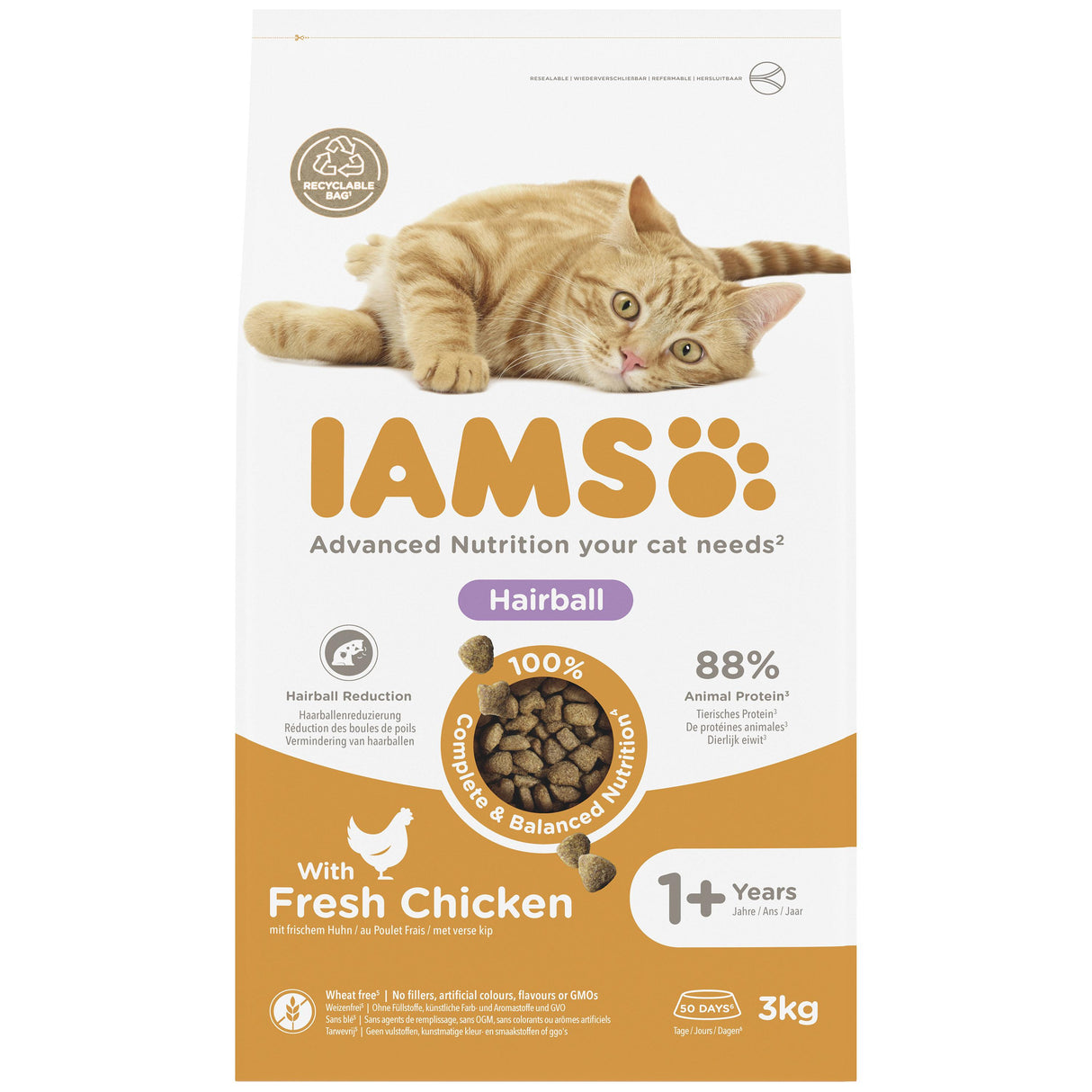 Iams Hairball Chicken Dry Cat Food - 3kg