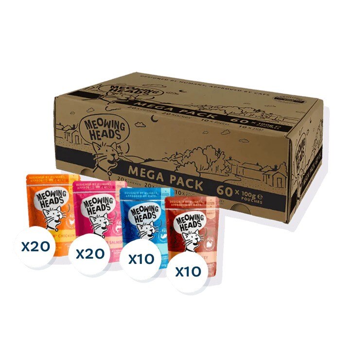 Meowing Heads Mega Pack Wet Cat Food Pouches - 60 x 100g