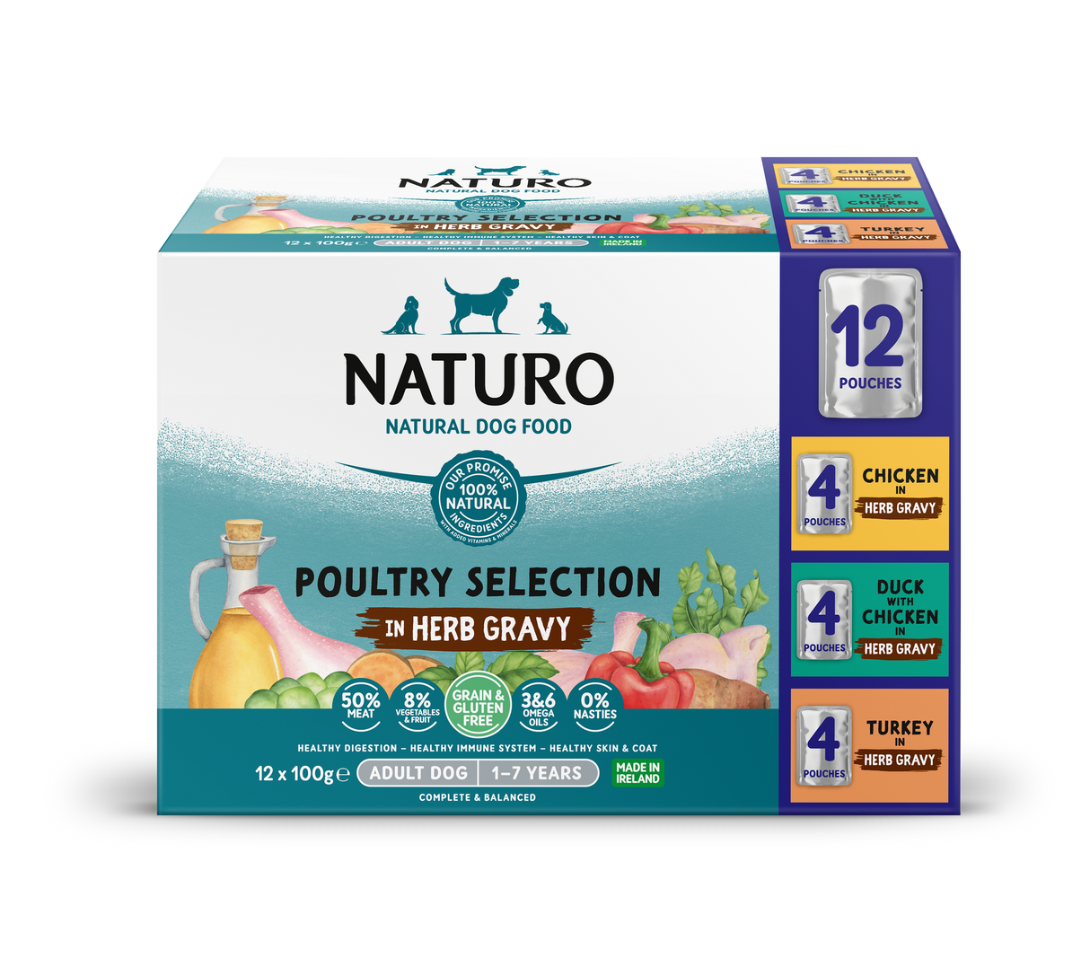 Naturo Adult Grain & Gluten Free Pouch Variety Pack in Herb Gravy Wet Dog Food - 12 x 100g