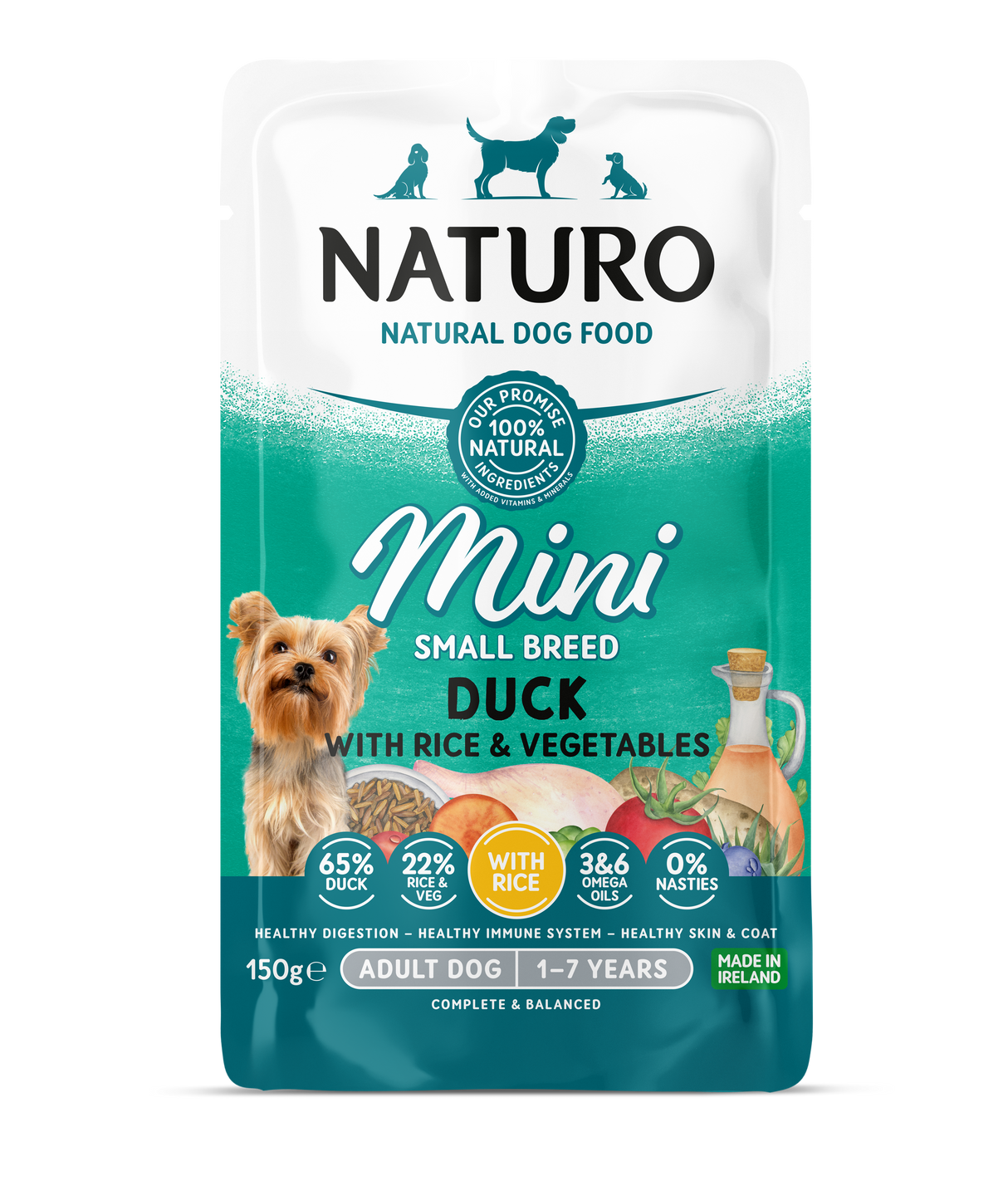 Naturo Adult Mini Duck, Rice & Veg Wet Dog Pouches - 8x150g