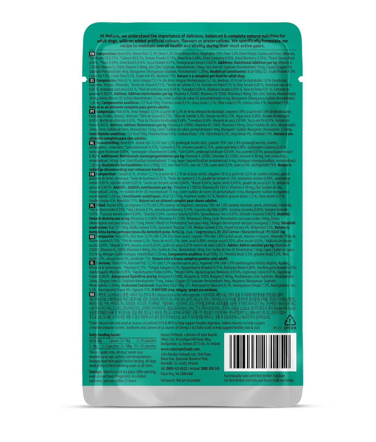 Naturo Adult Mini Duck, Rice & Veg Wet Dog Pouches - 8x150g