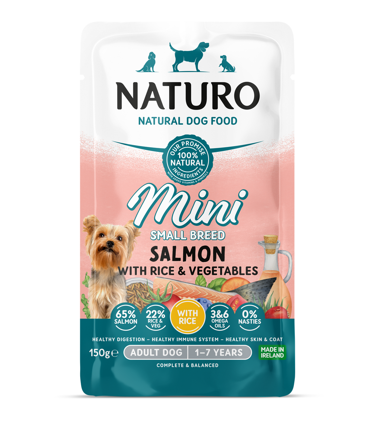 Naturo Adult Mini Salmon, Rice & Veg Wet Dog Pouches - 8x150g