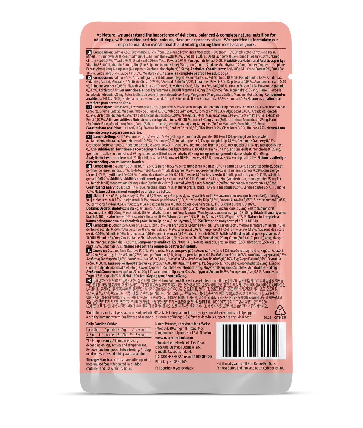 Naturo Adult Mini Salmon, Rice & Veg Wet Dog Pouches - 8x150g