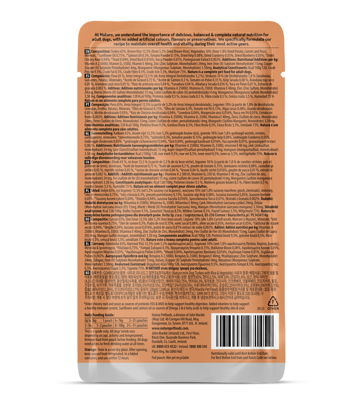 Naturo Adult Mini Turkey, Rice & Veg Wet Dog Pouches - 8x150g