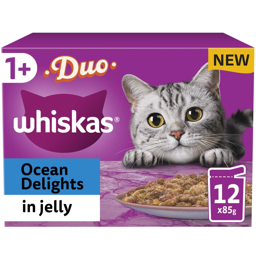 WHISKAS 1+ Duo Ocean Delights Adult Wet Cat Food in Jelly Pouches - 12 x 85g