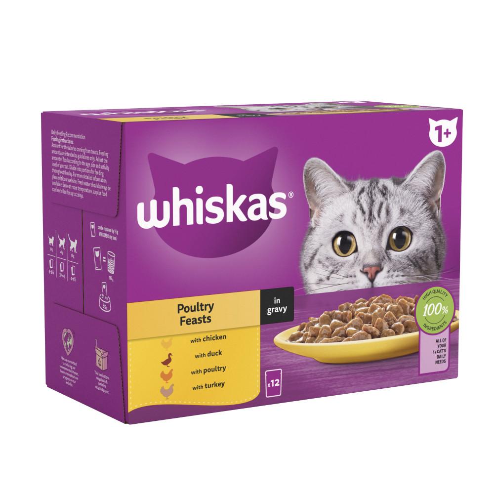 WHISKAS 1+ Poultry Feasts Senior Wet Cat Food in Gravy Pouches - 12 x 85g
