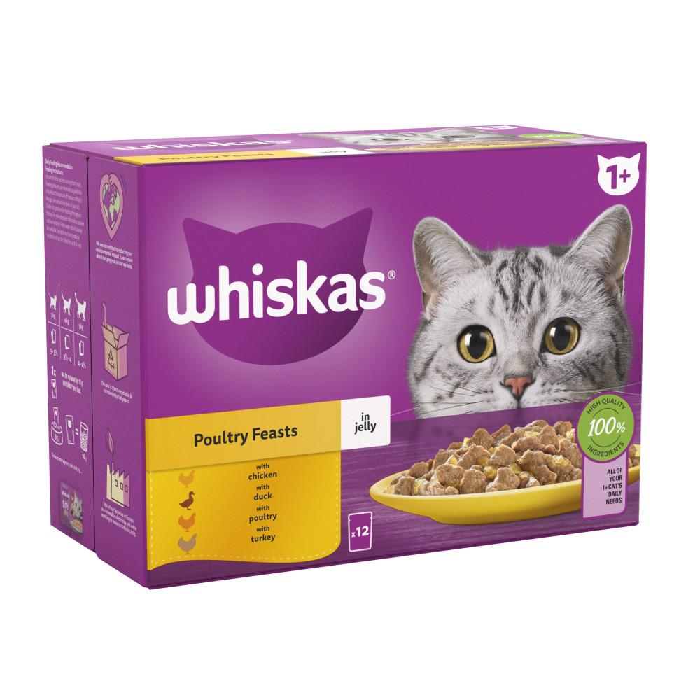 WHISKAS 1+ Poultry Feasts Adult Wet Cat Food Pouches in Jelly - 12 x 85g