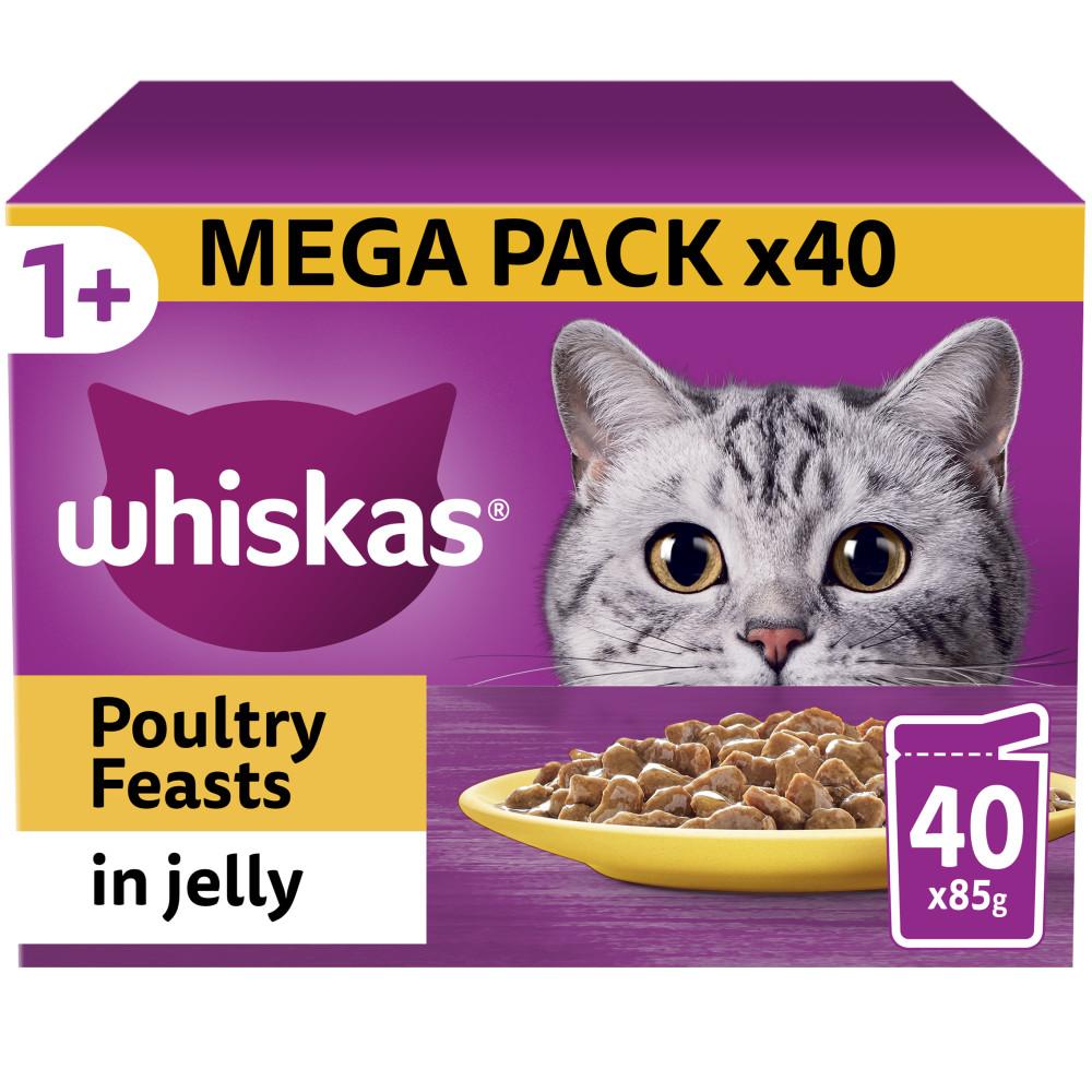 WHISKAS 1+ Poultry Feasts Adult Wet Cat Food Pouches in Jelly - 40 x 85g