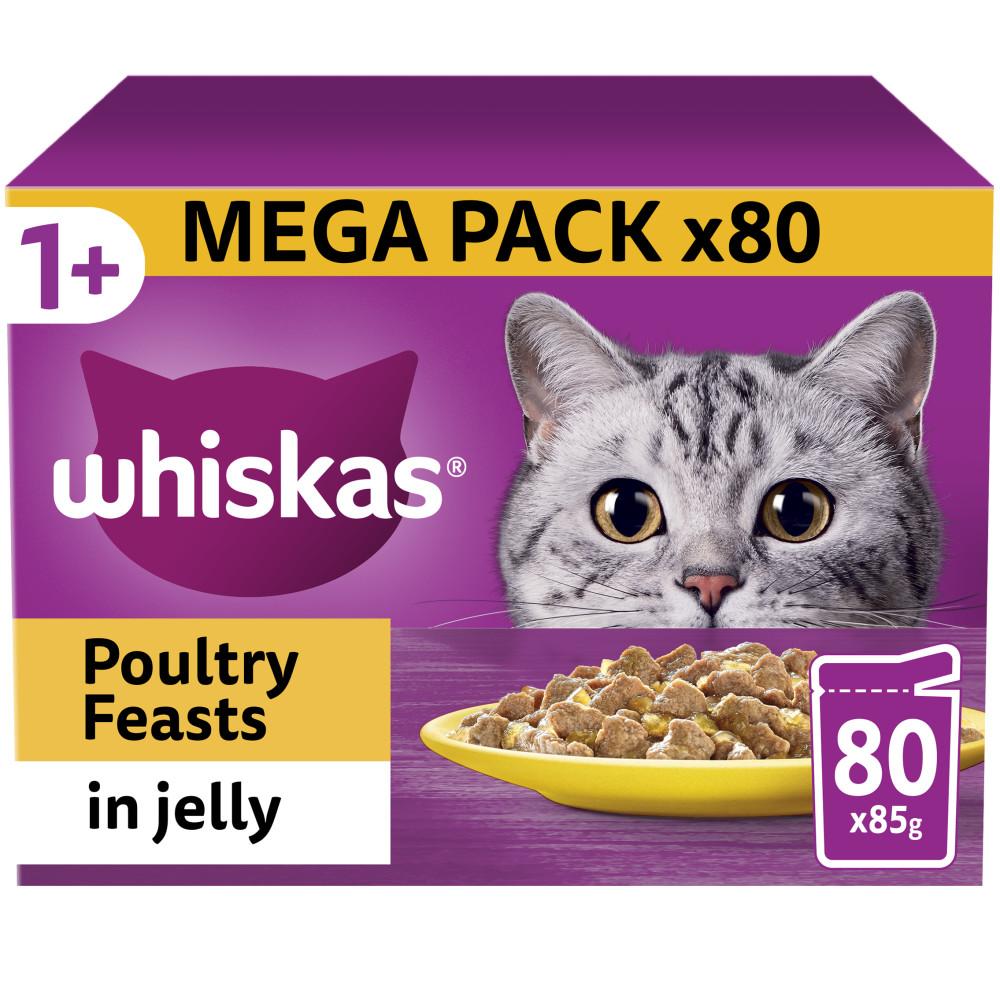 WHISKAS 1+ Poultry Feasts Adult Wet Cat Food Pouches in Jelly - 80 x 85g