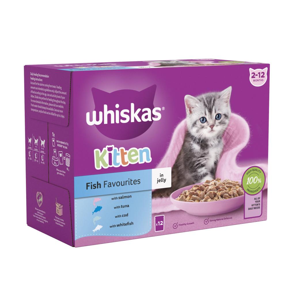 WHISKAS Kitten Fish Favourites Wet Cat Food in Jelly Pouches - 12 x 85g(