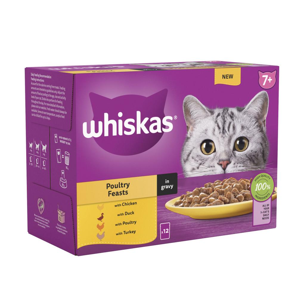 WHISKAS 7+ Poultry Feasts Senior Wet Cat Food in Gravy Pouches - 12 x 85g