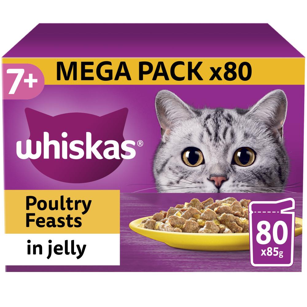 WHISKAS 7+ Poultry Feasts Senior Wet Cat Food Pouches in Jelly - 80 x 85g